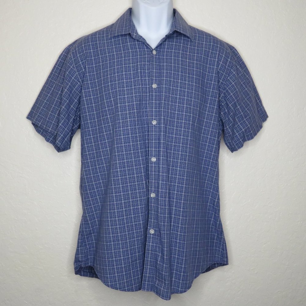 Nicole Miller* Men's Short Sleeve Button Down Curved Hem Plaid Shirt~ Size Large